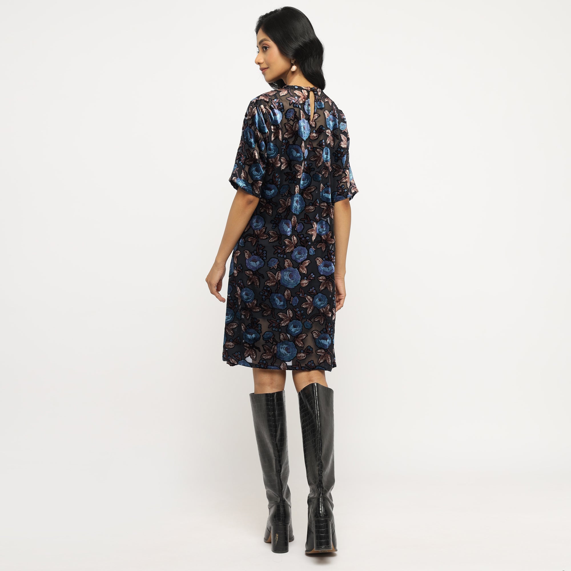 Midnight Floral Summer Velvet Dress with Shift Silhouette